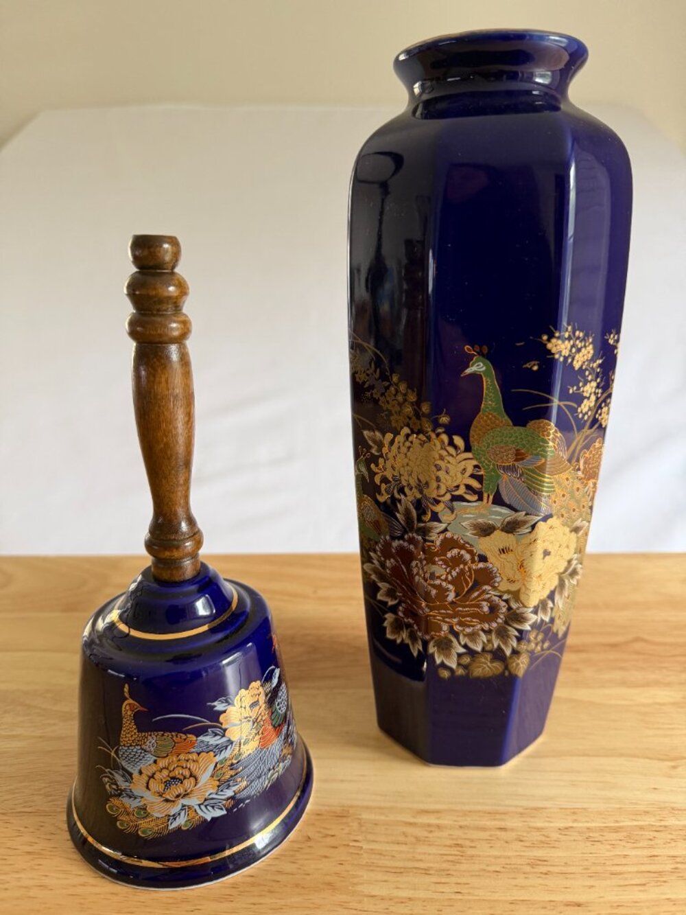 Vintage Japan Cobalt Blue Peacock Vase & Bell Decor Pair